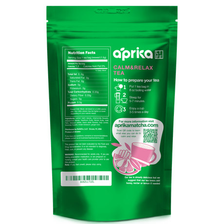 The Calm and Relax Herbal Tea, 60 Bags package includes preparation instructions and nutritional facts on the back, featuring natural herbal ingredients known for stress relief.