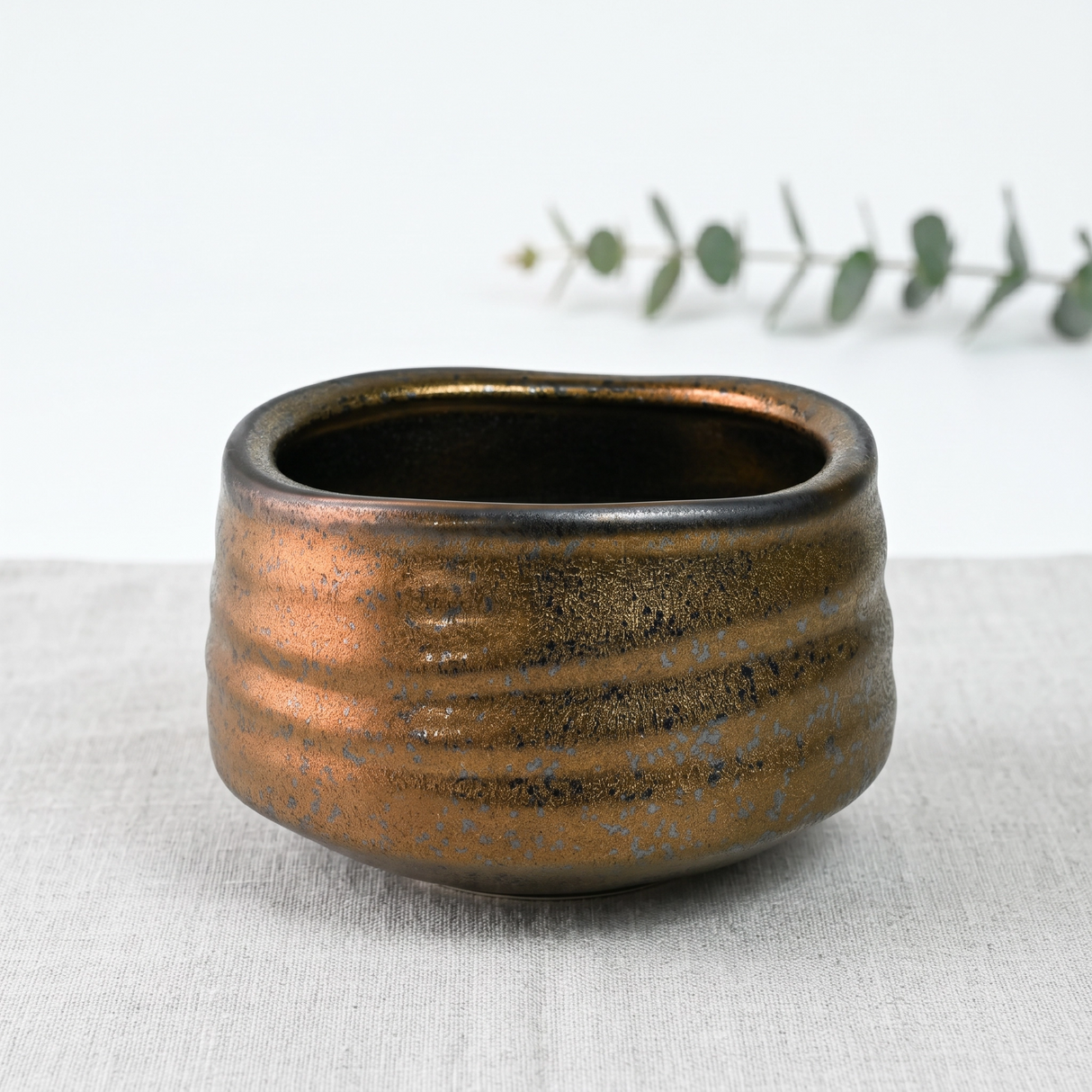 Bronze Ceramic Matcha Bowl 17 oz with Rolled Rim, Matcha Chawan for Whisking and Drinking, Tea Ceremony Bowl