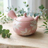 Handmade Pink Kyusu with White Flowers Design: Ceramic Pink Tea Teaware (16 fl oz/480ml) Tokaname Teapot