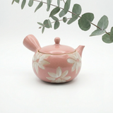 Handmade Pink Kyusu with White Flowers Design: Ceramic Pink Tea Teaware (16 fl oz/480ml) Tokaname Teapot