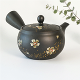 Handmade Dark Brown Floral Kyusu Teapot: Japanese Loose Leaf Tea Strainer (13 fl oz/380ml)