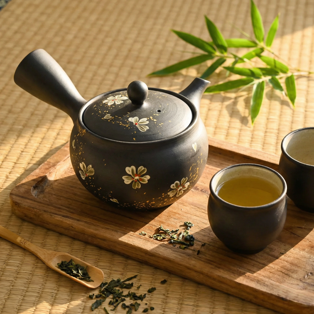 Handmade Dark Brown Floral Kyusu Teapot: Japanese Loose Leaf Tea Strainer (13 fl oz/380ml)