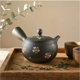 Handmade Dark Brown Floral Kyusu Teapot: Japanese Loose Leaf Tea Strainer (13 fl oz/380ml)