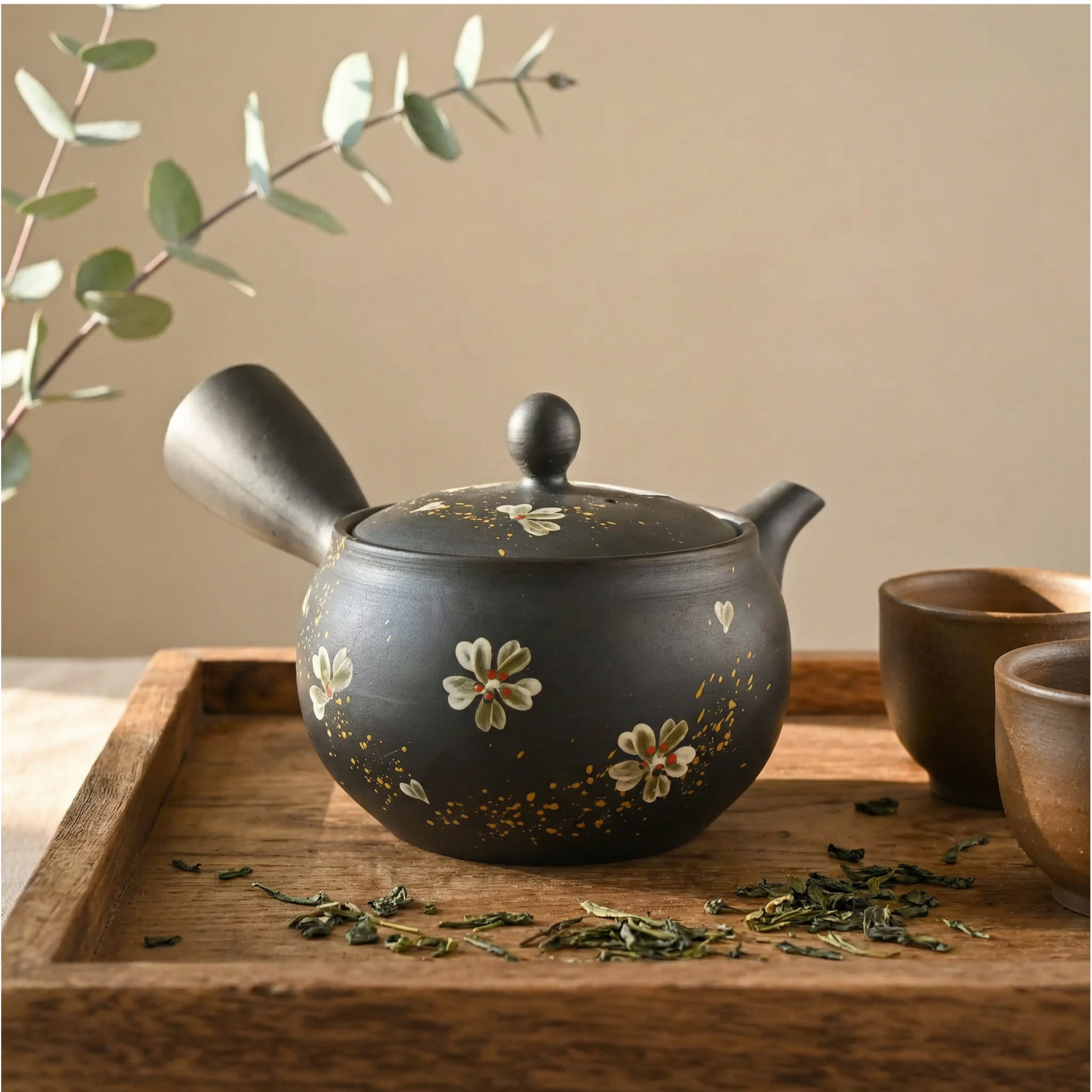 Handmade Dark Floral Kyusu Teapot Japanese Loose Leaf Tea Strainer