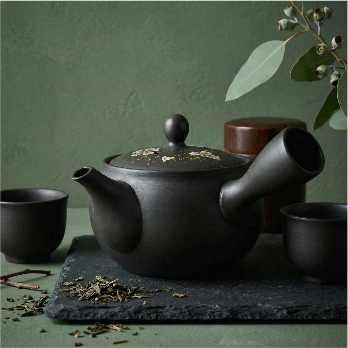 Handmade Dark Brown Floral Kyusu Teapot: Japanese Loose Leaf Tea Strainer (13 fl oz/380ml)