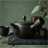 Handmade Dark Brown Floral Kyusu Teapot: Japanese Loose Leaf Tea Strainer (13 fl oz/380ml)
