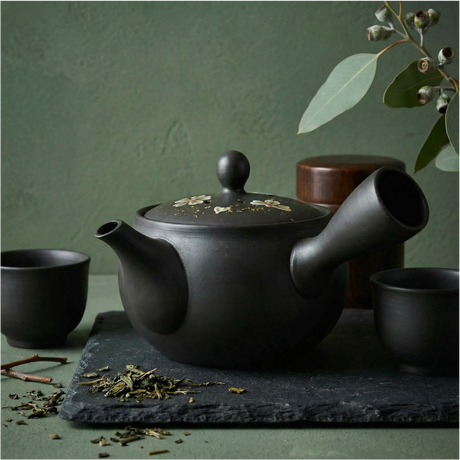 Handmade Dark Brown Floral Kyusu Teapot: Japanese Loose Leaf Tea Strainer (13 fl oz/380ml)