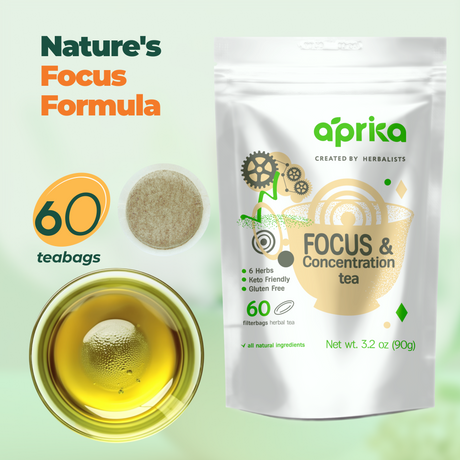 Enjoy Aprika's Focus & Concentration Herbal Tea with 60 teabags, plus a cup and fresh herbs, offering keto and gluten-free benefits for enhanced clarity.