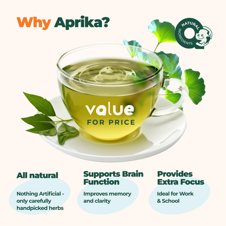 Enjoy Aprika's Focus & Concentration Herbal Tea, crafted with natural ingredients to support brain function and enhance focus and clarity.