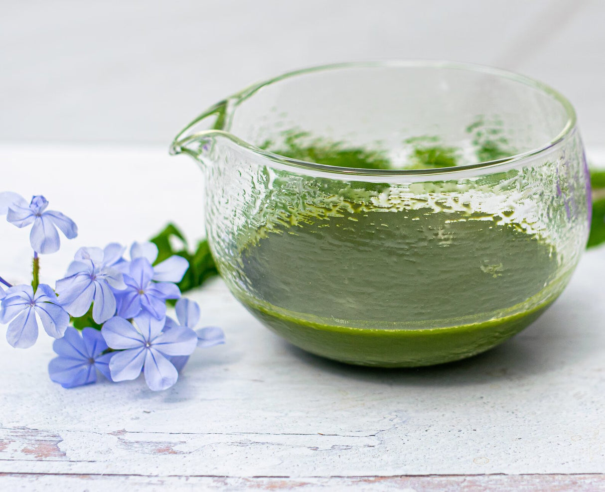 Textured Spouted Glass Matcha Bowl Pattern 1, Bamboo Matcha Whisk and Whisk Holder Set