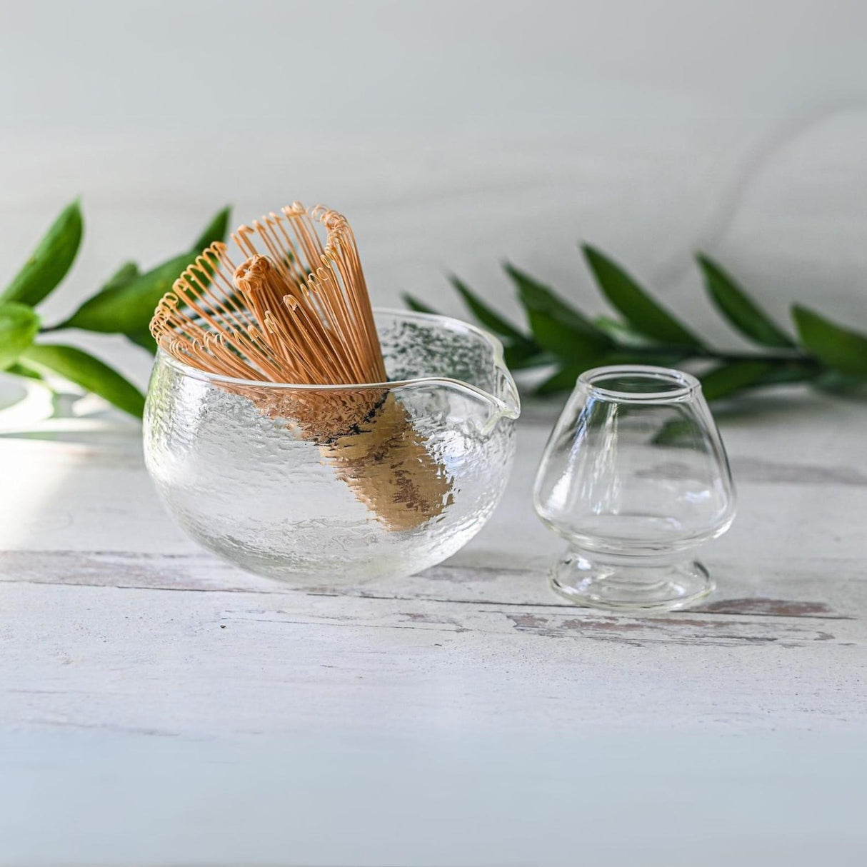 Textured Spouted Glass Matcha Bowl Pattern 1, Bamboo Matcha Whisk and Whisk Holder Set