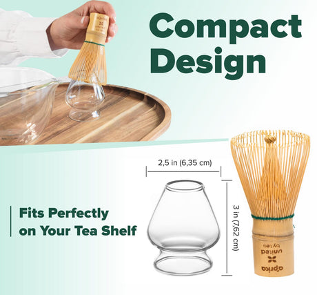 The Clear Glass Matcha Whisk Holder and Bamboo Whisk Set are shown, featuring a hand holding the bamboo whisk over the borosilicate glass holder. Dimensions and compact design details are displayed.