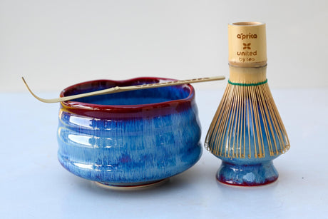 Blue Ceramic Matcha Tea Set – 16 oz Handcrafted Bowl, Bamboo Whisk, Whisk Holder & Chashaku Spoon – Complete Matcha Kit by Aprika Life