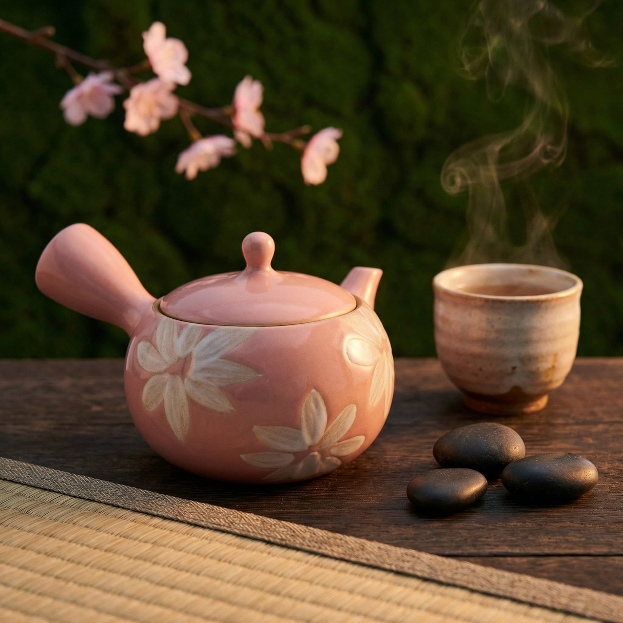 Handmade Pink Kyusu with White Flowers Design: Ceramic Pink Tea Teaware (16 fl oz/480ml) Tokaname Teapot