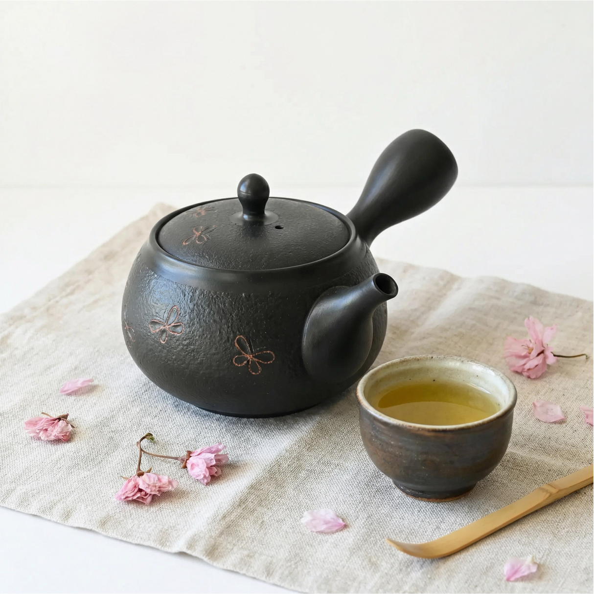 Handmade Black Textured Kyusu Teapot: Japanese Loose Leaf Tea Strainer (11.5 fl oz/380ml)