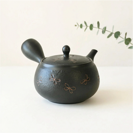 Handmade Black Textured Kyusu Teapot: Japanese Loose Leaf Tea Strainer (11.5 fl oz/380ml)