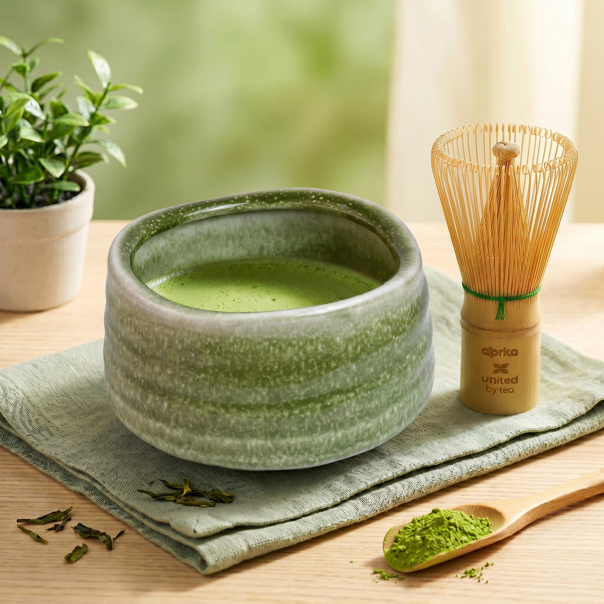 Green Ceramic Matcha Bowl 17 oz with Rolled Rim, Matcha Chawan for Whisking and Drinking, Tea Ceremony Bowl