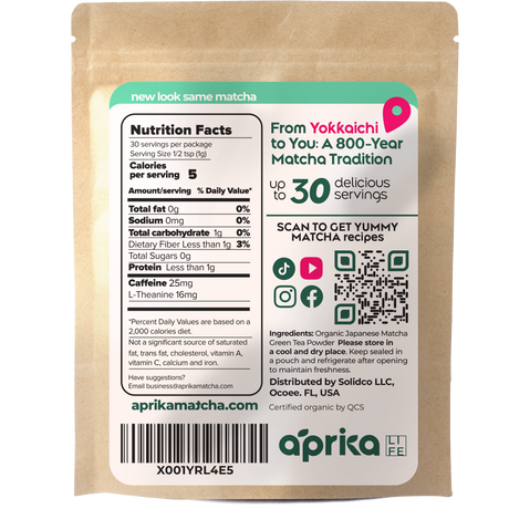 Front of Organic Japanese Matcha Green Tea Powder bag displays nutrition facts, QR code, and serving info. Made with premium Japanese Yabukita Matcha for a superior cafe-grade matcha experience.
