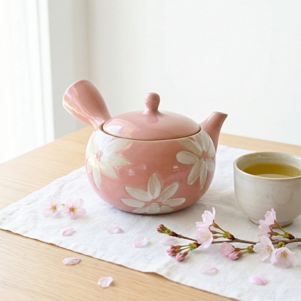 Handmade Pink Kyusu with White Flowers Design: Ceramic Pink Tea Teaware (16 fl oz/480ml) Tokaname Teapot