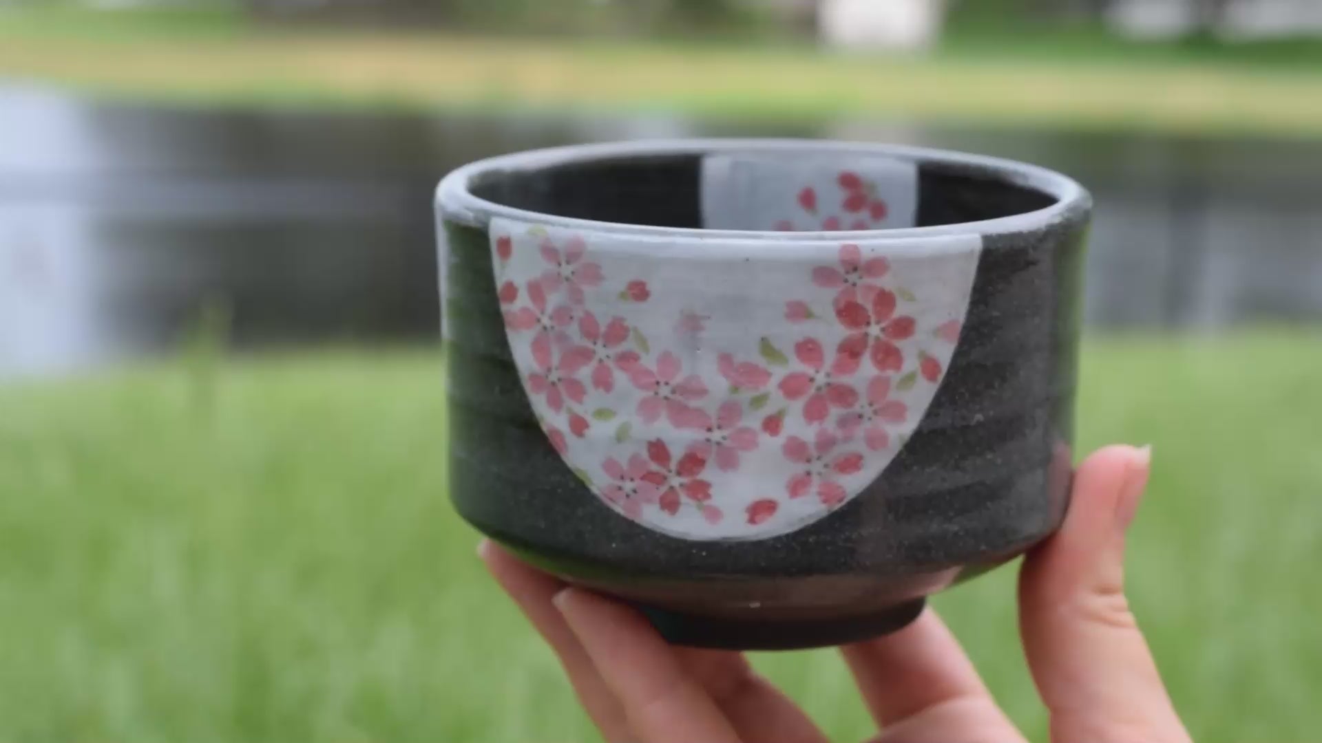 Dark Grey Flowers Ceramic Matcha Bowl, Bamboo Matcha Whisk and