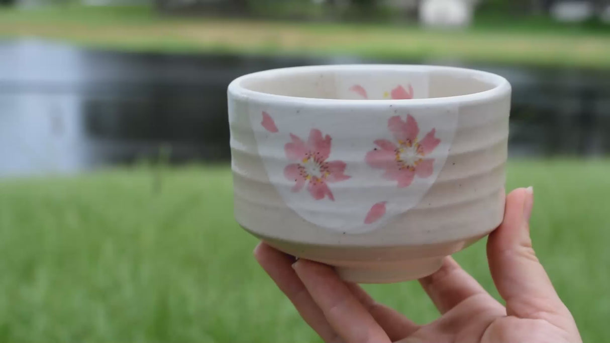 Beige with Pink Flowers Matcha Bowl