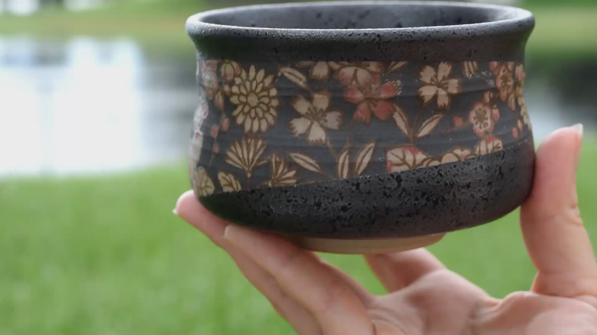 Black with Flowers Matcha Bowl