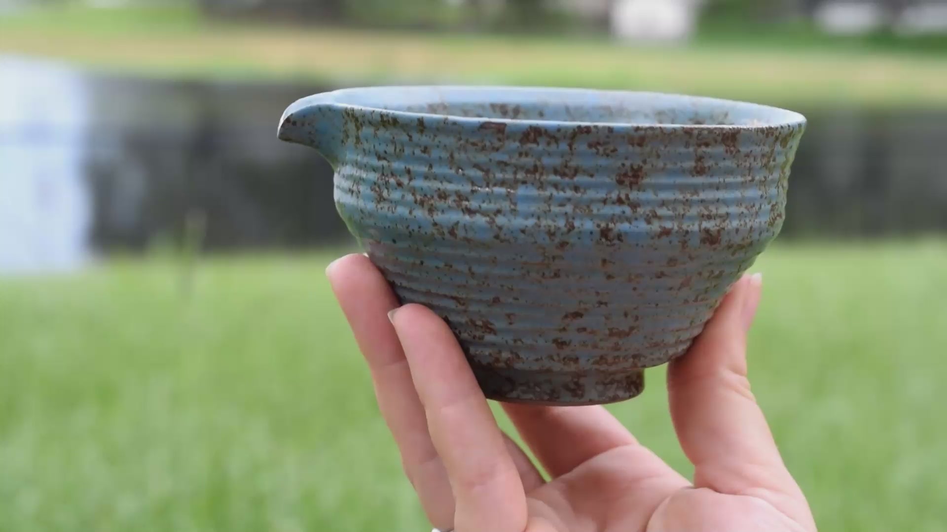 Blue Textured Ceramic Matcha Bowl with Spout, Bamboo Matcha Whisk