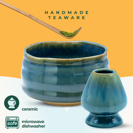 The Ceremonial Matcha Starter Kit - Blue is a handmade ceramic teaware set inspired by Japanese tea ceremonies, displayed on a yellow background with microwave and dishwasher safe icons.