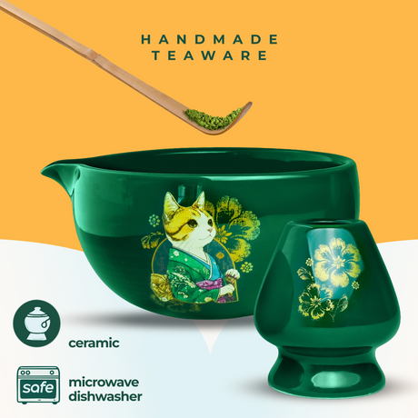 Green Unfurl Matcha Gift Set features a cat in traditional clothing, perfect for making authentic matcha tea. Includes microwave and dishwasher safe icons.