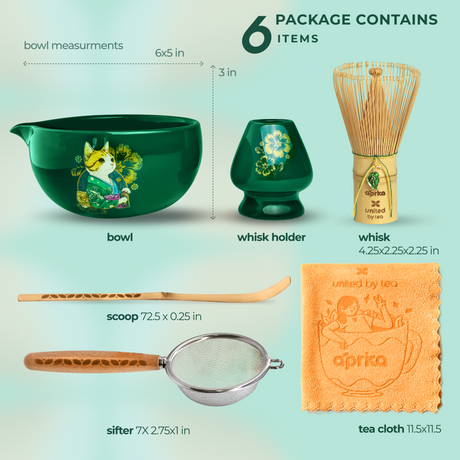 The Green Unfurl Matcha Gift Set includes a matcha tea bowl, whisk holder, whisk, scoop, sifter, and tea cloth, all elegantly displayed on a light background.