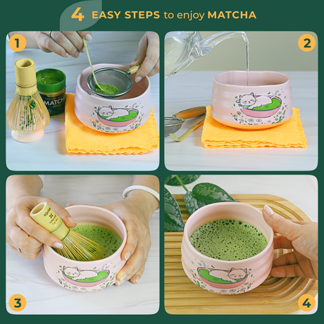 Four-step guide to preparing matcha in a Cat Print Bowl using a Bamboo Whisk and hot water—ideal for fans of the Pink Unfurl Matcha Gift Set.