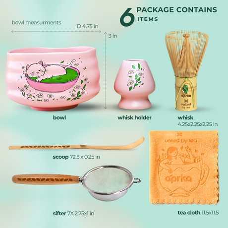 Pink Unfurl Matcha Gift Set with cat print bowl, bamboo whisk, scoop, sifter, whisk holder, and orange tea cloth—ideal for your matcha ritual.
