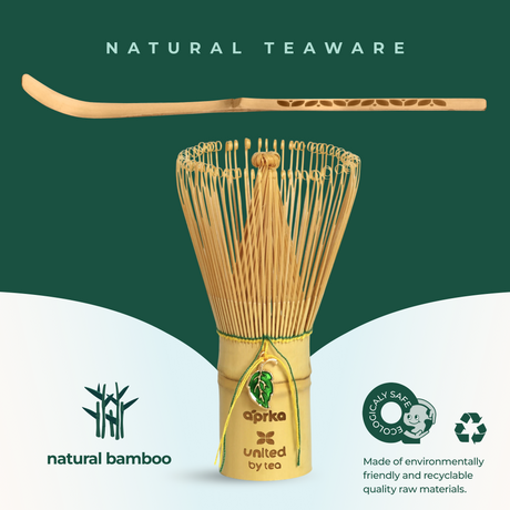 The Green Unfurl Matcha Gift Set features a bamboo matcha whisk and scoop with eco-friendly and recyclable icons on a green background—ideal for making authentic matcha or enhancing your tea set. Pair with your favorite bowl for a perfect tea experience.