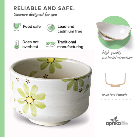 The Green Flowers Ceramic Matcha Bowl, crafted with traditional Minoyaki pottery techniques and adorned with green flowers, is food safe, heat-resistant, and adds elegance to any matcha set.