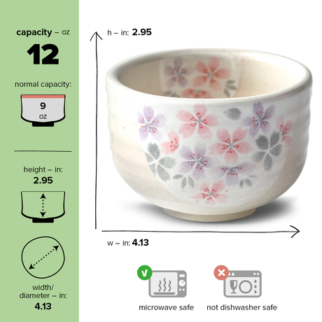 The Kohiki Pink Sakura Ceramic Matcha Bowl from the handcrafted Japanese set features pink floral designs, holds 12 oz, is microwave safe but not for dishwasher use.