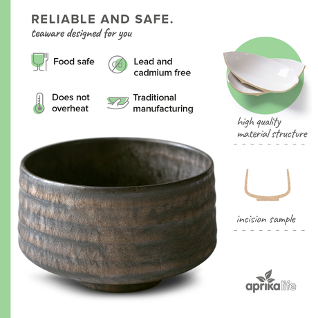 The image displays the Kaneni Gold Crystal Ceramic Matcha Bowl, a sophisticated piece highlighting premium materials and Minoyaki pottery techniques, embodying Japanese craftsmanship. Its elegance shines against the light background.