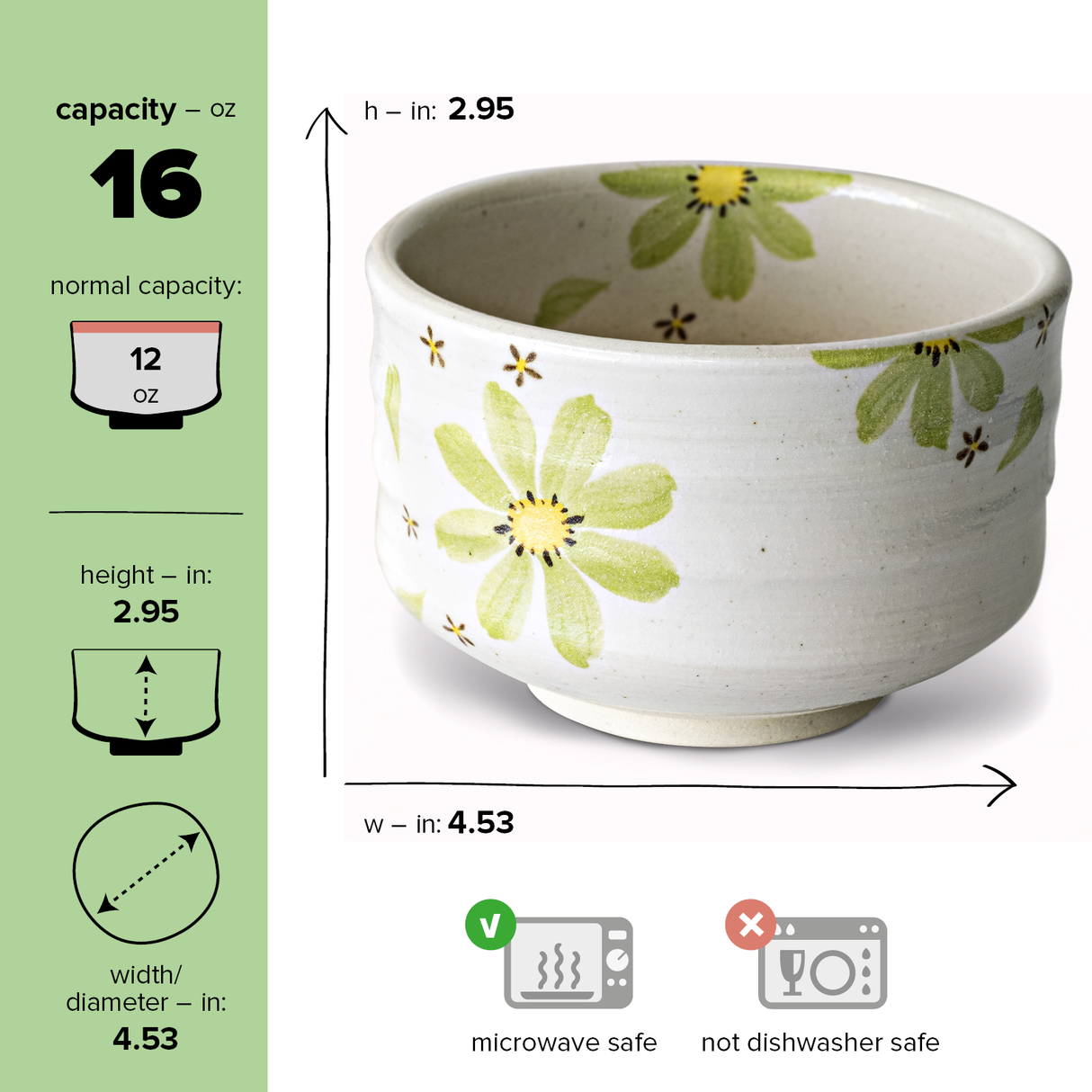 Green Flowers Ceramic Matcha Bowl, Bamboo Matcha Whisk and Whisk Holder Set